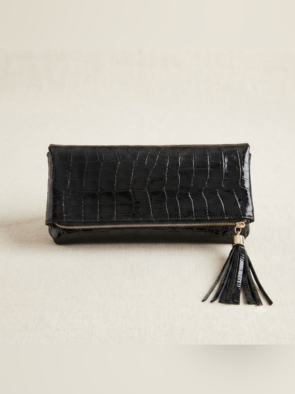 SienaBlu Glossy Textured Alligator Print Tassel Fold Over Zippered Clutch Purse